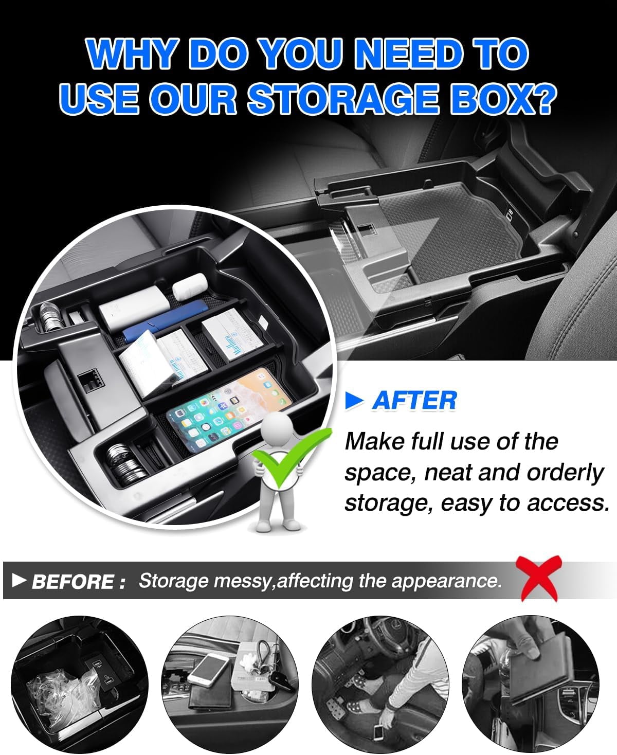 Canvcle Center Console Organizer for 2019-2025 Dodge RAM 1500 2500 3500 Accessories Armrest Storage Box Secondary Insert Tray with 2 Color Mats (Full Console w/Bucket Seats ONLY)