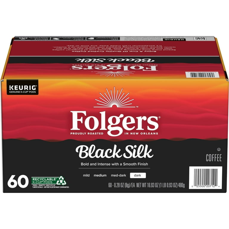 Folgers Black Silk Dark Roast Coffee Keurig K Cup Pods 60 Count Box