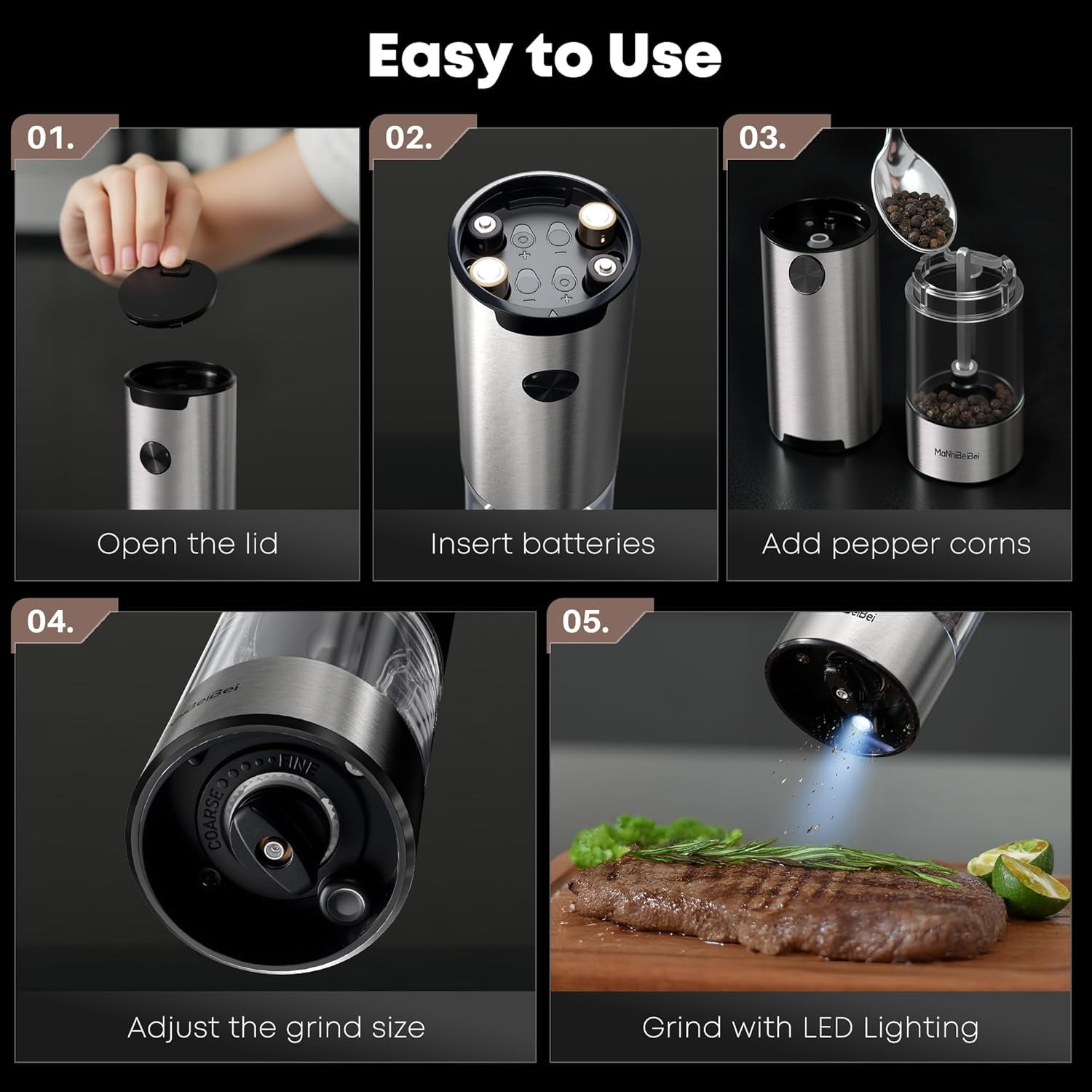 Electric Salt and Pepper Grinder One-hand Operated, Adjustable Coarseness, Stainless Steel body Ceramic Burrs,Pepper Shakers Mills with LED Light,House Warming Cooking Gift