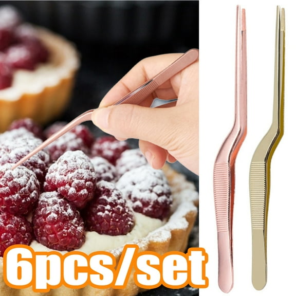 Cheers.US 6Pcs/Set Non-Slip Precision Stainless Steel Kitchen Tweezer Tongs Precision Kitchen Culinary Offset Tweezer Tongs with Serrated Tips for Gripping-5.51" x 0.08"