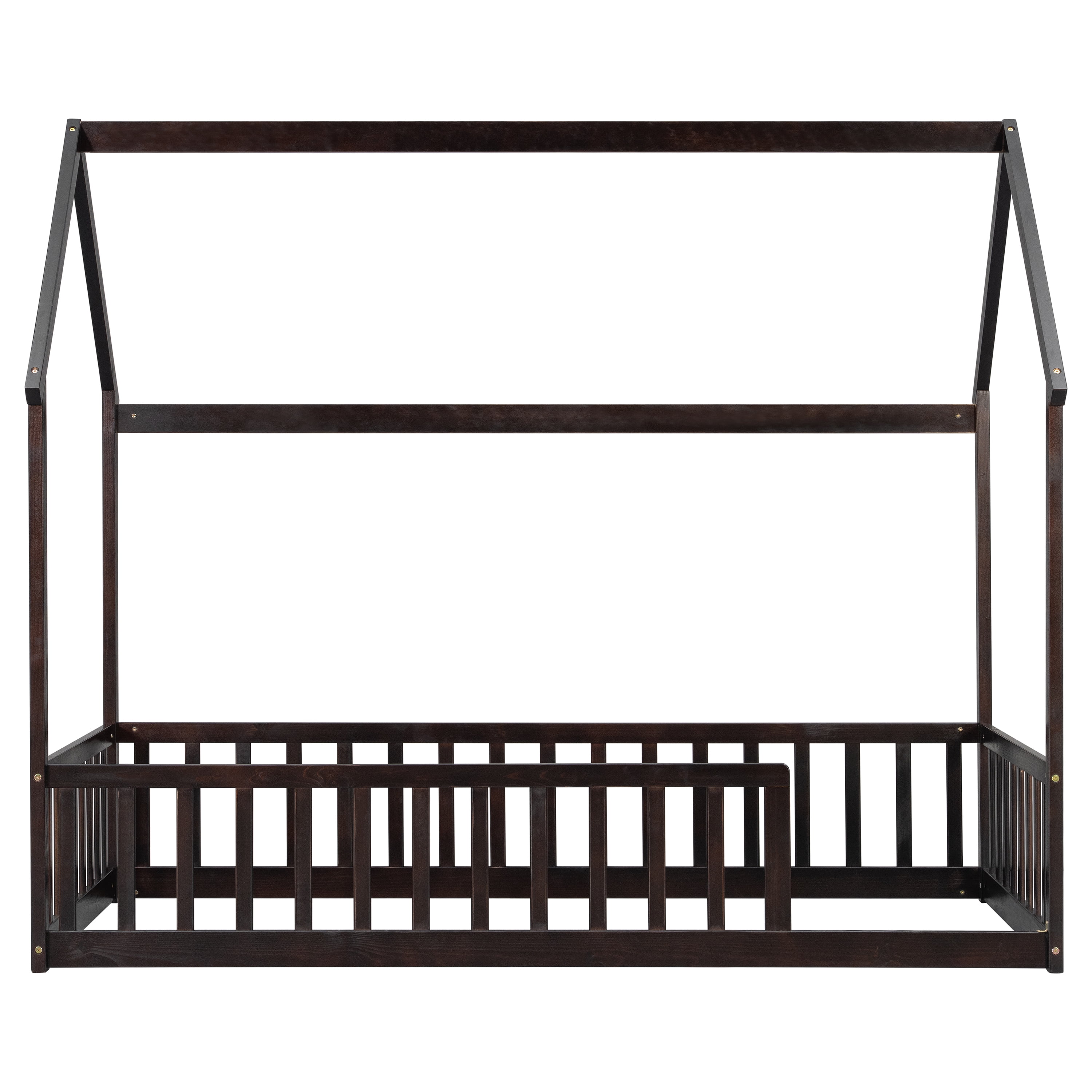 Twin House Floor Bed with Full Safety Fence, Solid Pine Montessori Kids Playhouse Bed Frame No Box Spring Needed Max 250 LBS for Toddler Nursery Bedroom