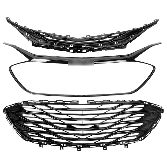 3PCS For Chevrolet Malibu 2019-2024 Glossy Black Front Upper Lower Grille W/Trim