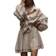 thumbnail image 2 of Cagogo Women's 2 Piece Puff Sleeve Shirt Set Elastic Waisted Shorts Casual Solid Basic Matching Lounge Outfits Summer Cruise Travel Clothes, Khaki S, 2 of 7