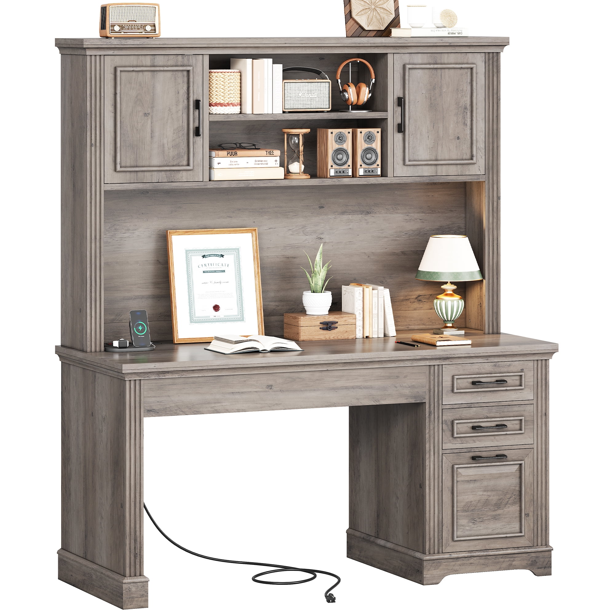 SEDETA 47 Inch Farmhouse Office Desk with Hutch and Drawers, Executive Desk Computer Desk with File Drawer and Cabinets, Large Workstation Traditonal Style Practical table for Home Office, Grey