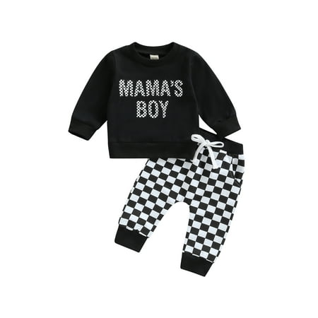 

Lieserram Baby Boy Long Sleeve Tops + Pants Outfits Set Letter Checkerboard Print Elastic Waist Drawstring Spring Fall Clothing 0-3Years