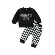 jaweiw Baby Boy Long Sleeve Tops   Pants Outfits Set, Letter Checkerboard Print Elastic Waist Drawstring Spring Fall Clothing,0-3Years