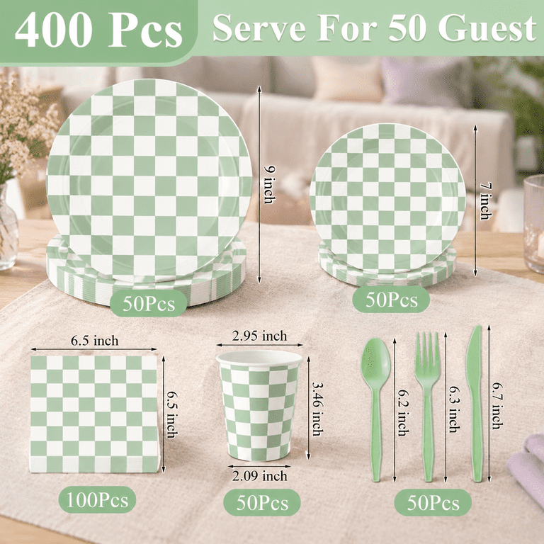 Green White Checkered Disposable Party Dinnerware Set Serves 50 Guests ...