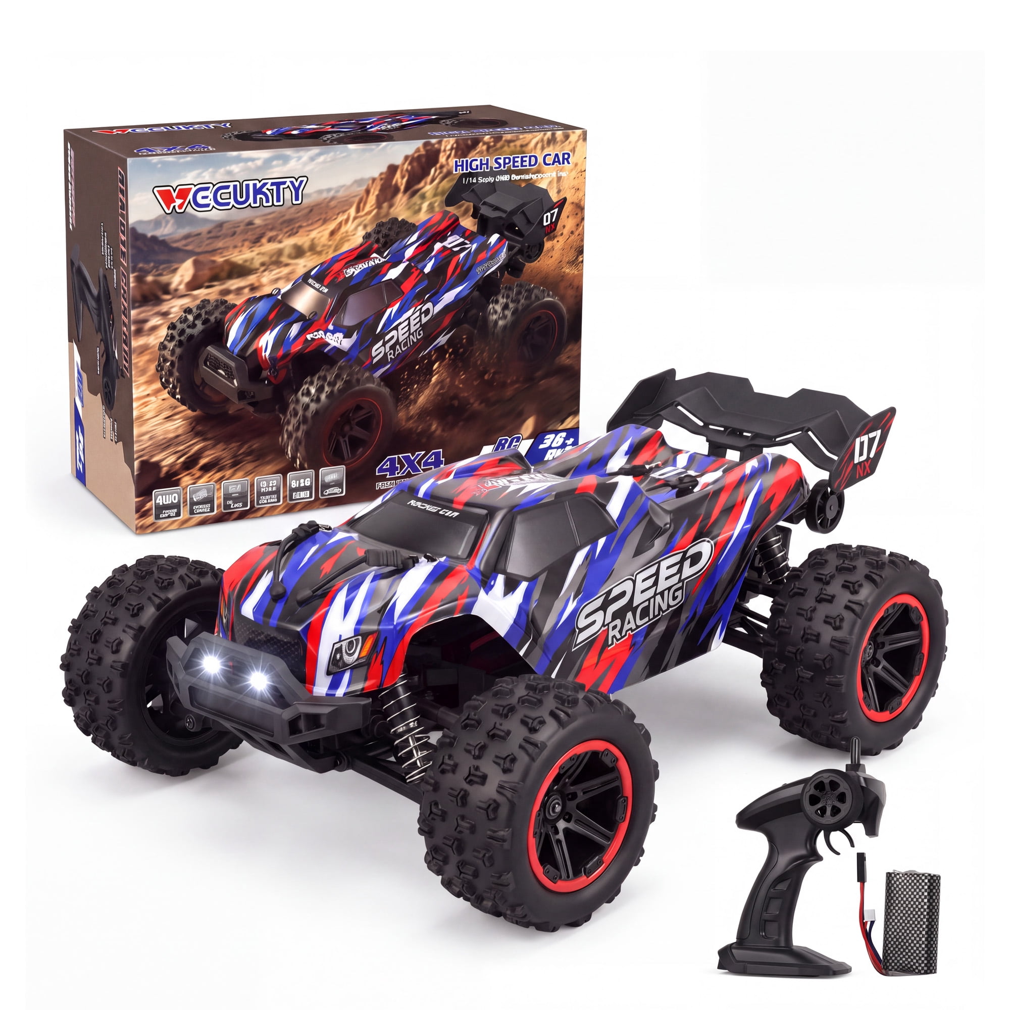 Vecukty 1:14 Scale 4WD RC Off-Road Truck 40 KM/H High Speed Vehicle Water Resistant Dual 7.4V 1500mAh Batteries 2.4GHz Remote Control with LED Lights