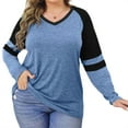 thumbnail image 4 of Long Sleeve Women V-neck T-shirt Color Block Striped Plus Size Casual Shirt Tops, 4 of 5