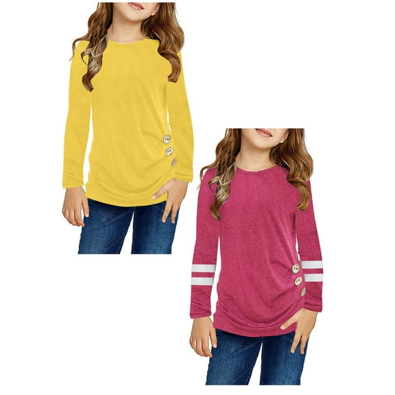 LUOGENLI 2 Pack T Shirts Christmas Shirts for Girls 8-9 Kids Girls Casual Tunic Tops Knot Front Button Long Sleeve Casual Loose Crewneck Blouse T-Shirt Tee T Shirts for Girls 14-16 XL