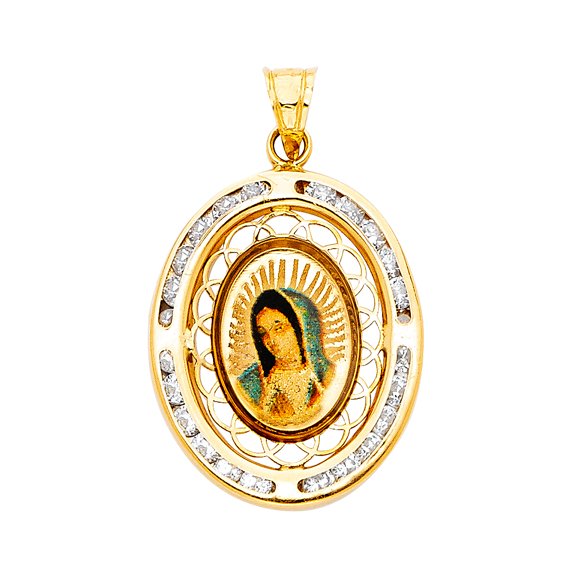 14KY Gold Cubic Zirconia Guadalupe Religious Pendant | Yellow Gold Charm Pendant for Necklace Chain | Gift for Men Women | 20 x 15 MM | 1.1 grams
