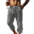 thumbnail image 2 of Lutiedan Mens Capri Pants Cotton Linen Elastic Bottom Beach Pants Summer Lightweight Drawstring Elastic Waist Vacation Casual Pants with Pockets, 2 of 5