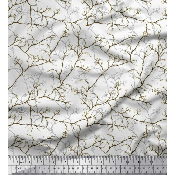 Soimoi White Modal Satin Fabric Dry Branches Tree Fabric Prints By Yard 42 Inch Wide