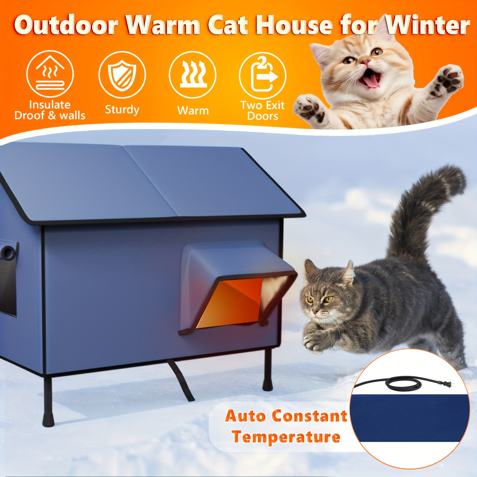 Outdoor Heated Cat House, Extremely Insulated Winter Cat Shelter with Eaves & Escape Door, Elevated for Outside Stray Barn Cat