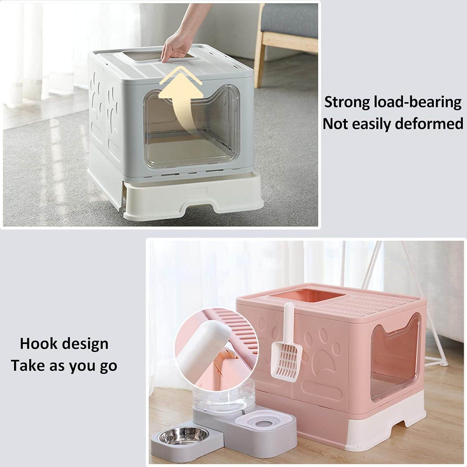 EAYSG Cat Litter Box Foldable Portable Cat Litter Pan with Lid,Top Entry Litter Box Large Covered Cat Litter Box for Travel with Cat Litter Scoop,Brush and Garbage Bag