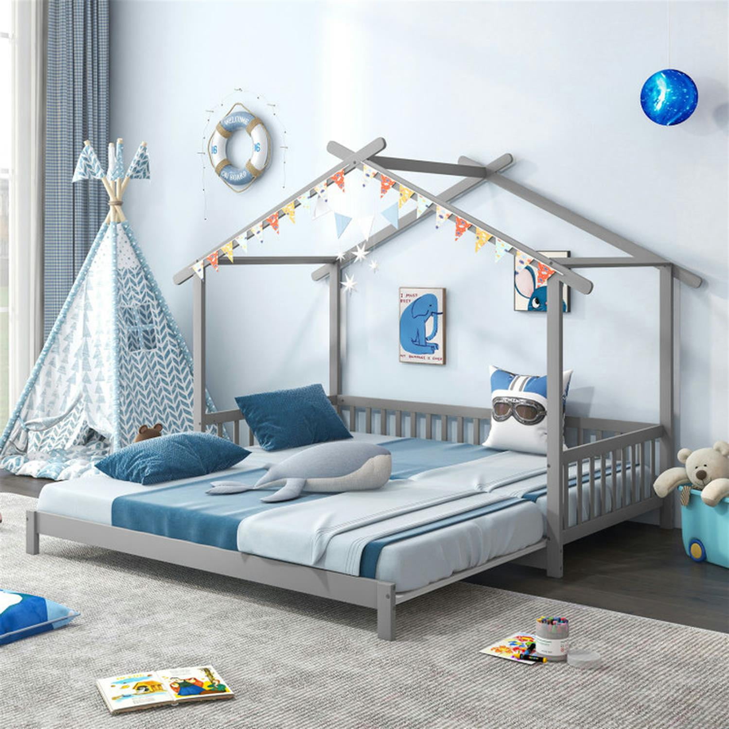 Demi Bonn Extendable House Bed Twin to King Daybed with Roof and Fence Rails, Modern Platform Bed Frames for Teens, Gray