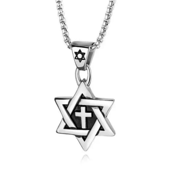 HOOUN Mens Star of David Messianic Cross Pendant Necklace Punk Jewelry Box Chain 24"-Silver