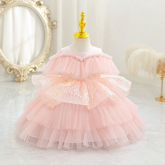 ZHOGXU Kids Girls Summer Dress Sleeveless Round Neck Solid Color Glitter Sequin Comfortable Fashion Mesh Tutu Dresses For Party,Light Pink,5-6 Years
