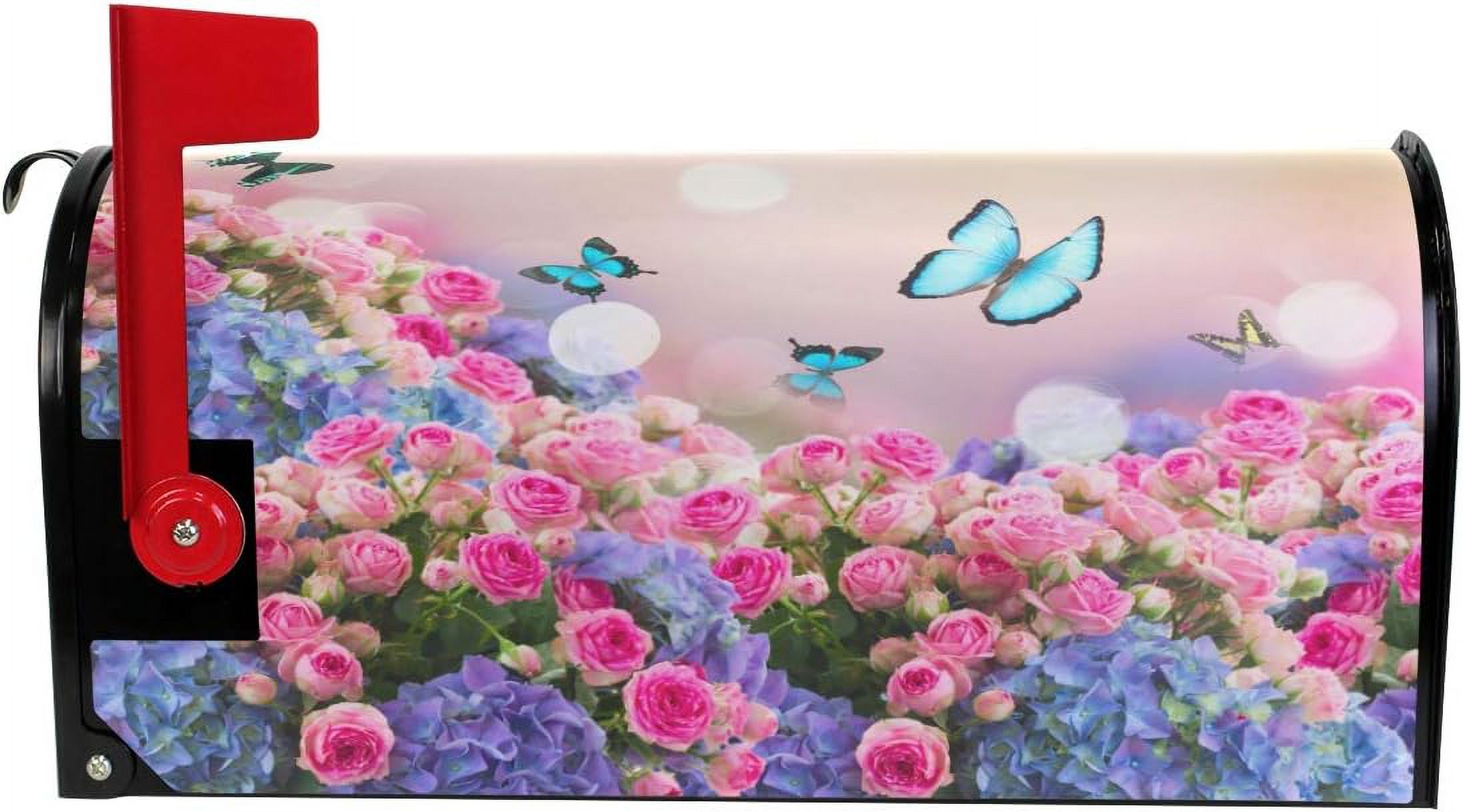Vintage Elegant Blue Butterfly Garden Roses Flowers Spring Magnetic Magnetic Mailbox Cover Standard Size for Garden Yard Outdoor Decorations-18 x 20.8"