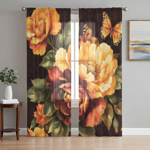 Sheer Curtains 72 Inches Long 2 Panels Set for Bedroom, Spring Floral Semi Sheer Curtains for Windows, Vintage Oil Painting Flower Butterfly Voile Window Treatments Rod Pocket Curtain
