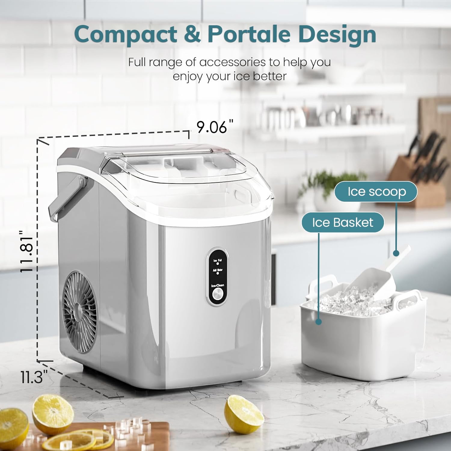 WAA Portable Countertop Ice Maker 34lbs/24H Soft Pellet Ice,Self-Cleaning,One-Click Ice Machine for Kitchen, Bar,RV Office(Grey)
