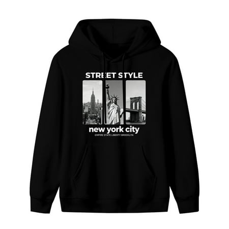 Street Style New York City Print Mens Hoodies with Long Sleeve, Lightweight Basis Pullover Men's Drawstring Pocket Sweatshirt Hooded