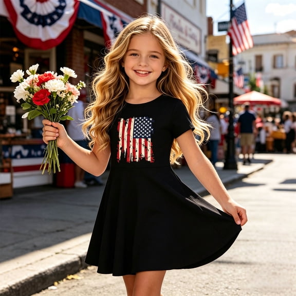 4th of July Dresses for Girls USA Patriotic Dress American Flag A Line Dress Independence Day Outfit(Black,6-7 Years)