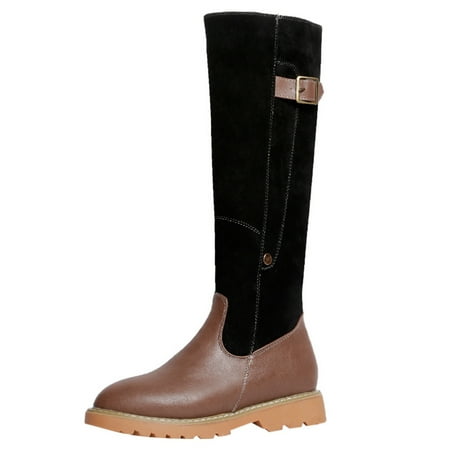 

Women Square Heel Zipper Leather Boots Keep Warm Snow Boots Round Toe Shoes