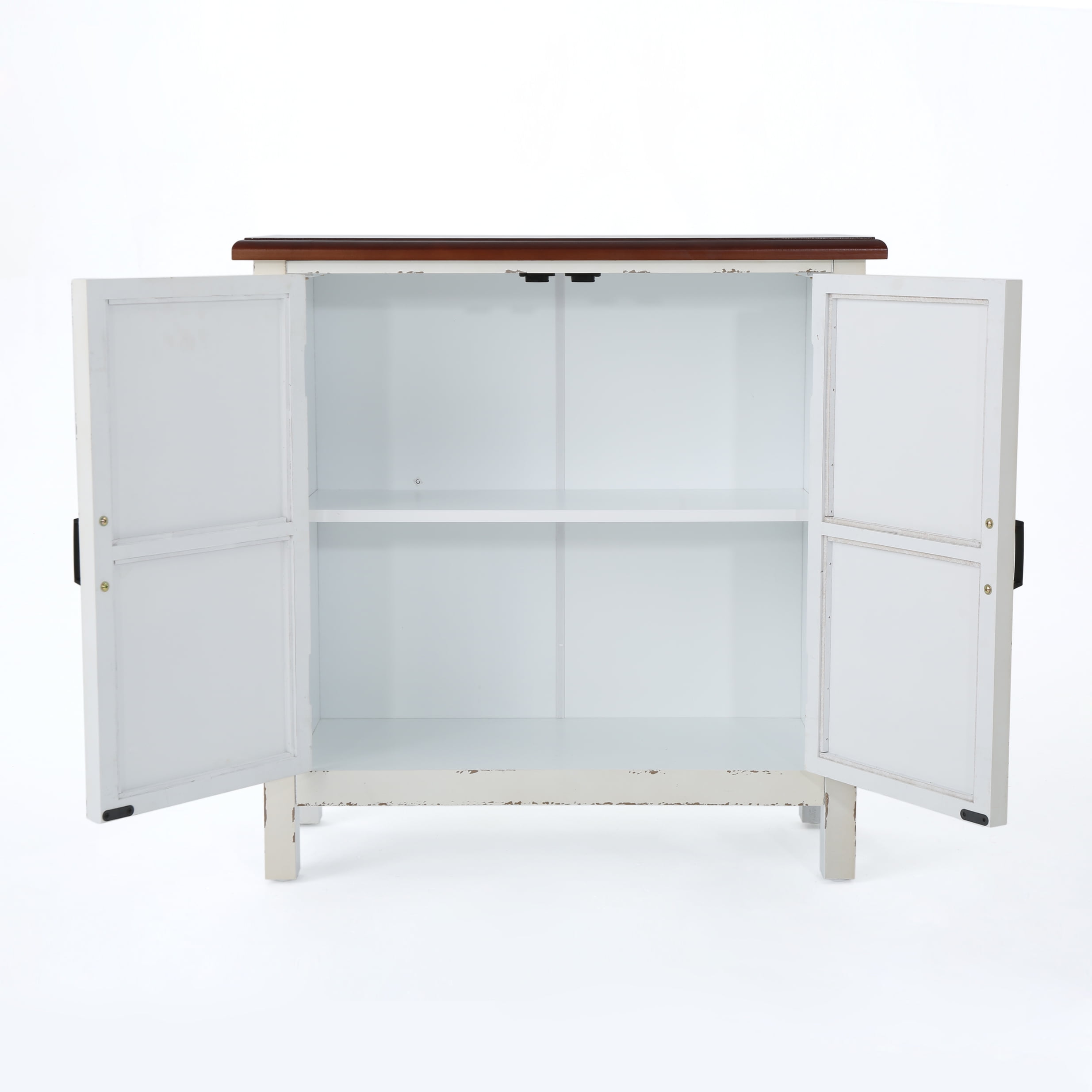 Noble House Leisha Farmhouse Firwood Distressed Cabinet with Carved Panels, White and Brown