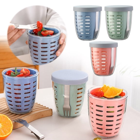 Fruit And Veggie Pot With Airtight Lid Removable Colander And Fork Portable Reusable Leakproof Storage Container Holds 600Ml|20Oz Glass&Bottle Home Decor