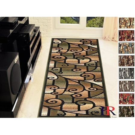 Handcraft Rugs-Modern Contemporary Living Room Rugs-Abstract Carpet with Geometric Swirls Pattern-Sage Green/Mocha/Black/Ivory/Brown (2x7 feet