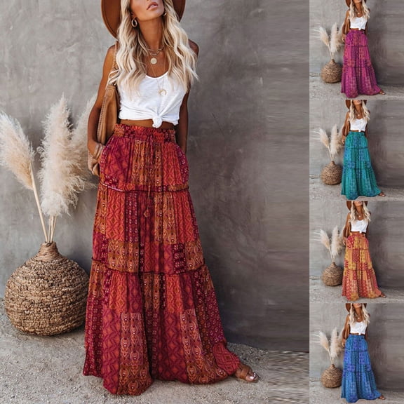 Women's Summer Boho Floral Maxi Skirt Flowy Flared Ruffle Elastic Waist A Line 2026 Spring Beach Long Skirts Green XL