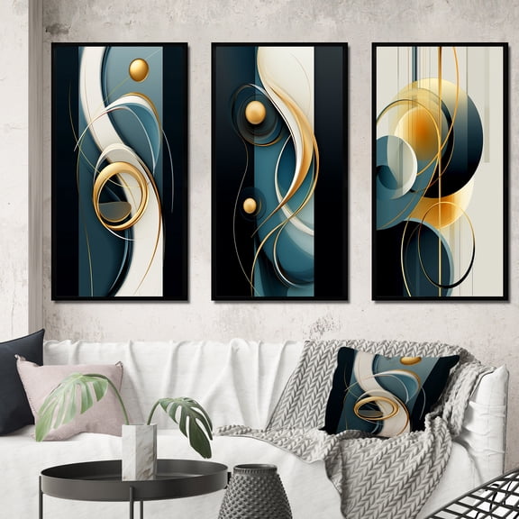 Designart "Blue and Gold Sublime Simplicity III" Modern Geometric Framed Wall Art Set Of 3 - Blue Abstract Frame Gallery Set For Office Decor