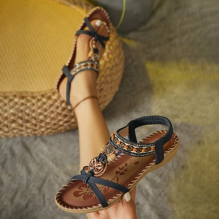 

SHYKK Women Rhinestone Sandals T-Strap Buckle Bohemian Pearl Crystal Flat Sandals
