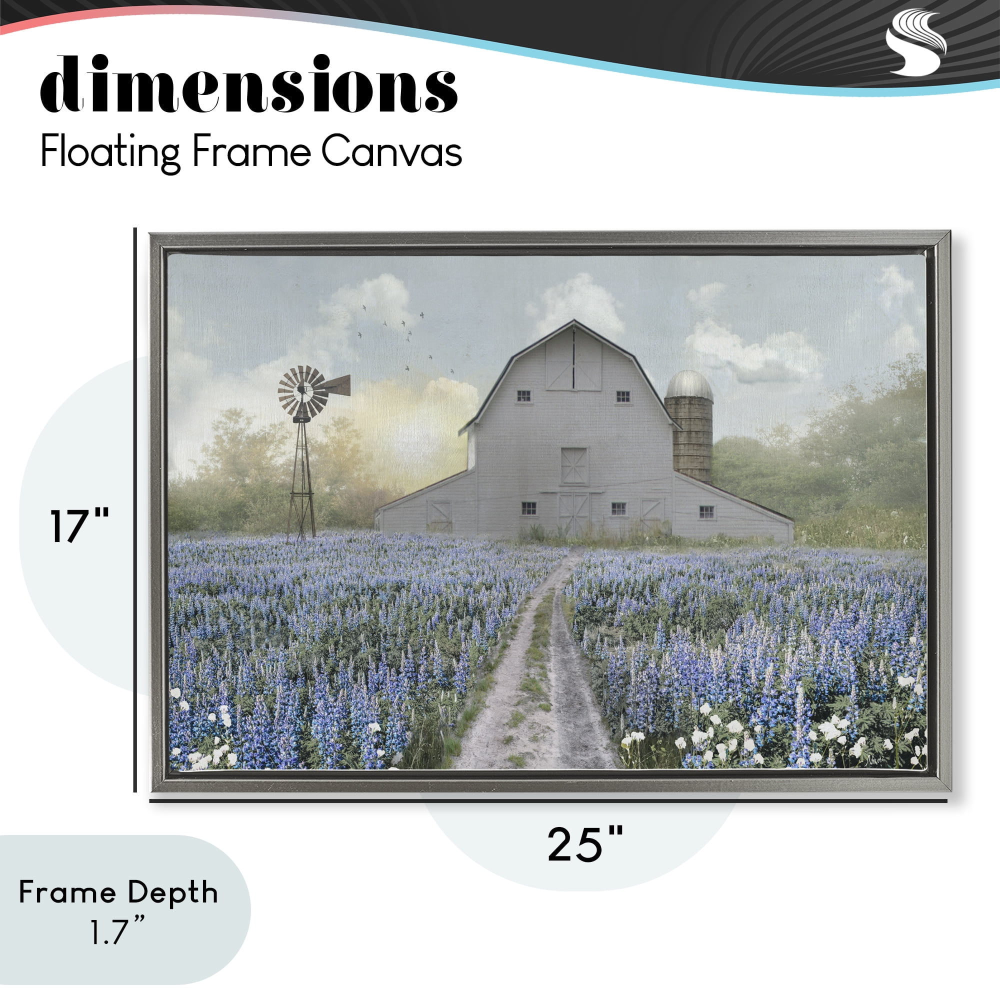 Stupell Industries Meadow of Blue Flowers & Barn Gray Framed Floater Canvas Wall Art, design by Nan