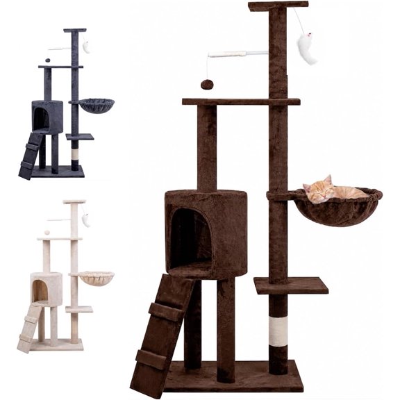 Árbol TrepadorY Rascador para Gatos Torre De Actividades De Varios Niveles Castillo con Escaleras, Hamaca Cubiertas De Felpa Seguro Y Duradero De 136X43X33CM (Cafe)