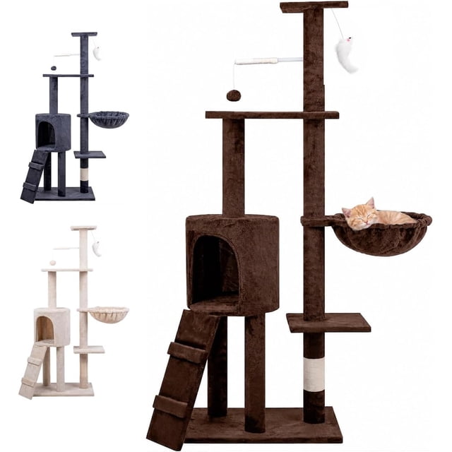 Árbol TrepadorY Rascador para Gatos Torre De Actividades De Varios Niveles Castillo con Escaleras, Hamaca Cubiertas De Felpa Seguro Y Duradero De 136X43X33CM (Cafe)