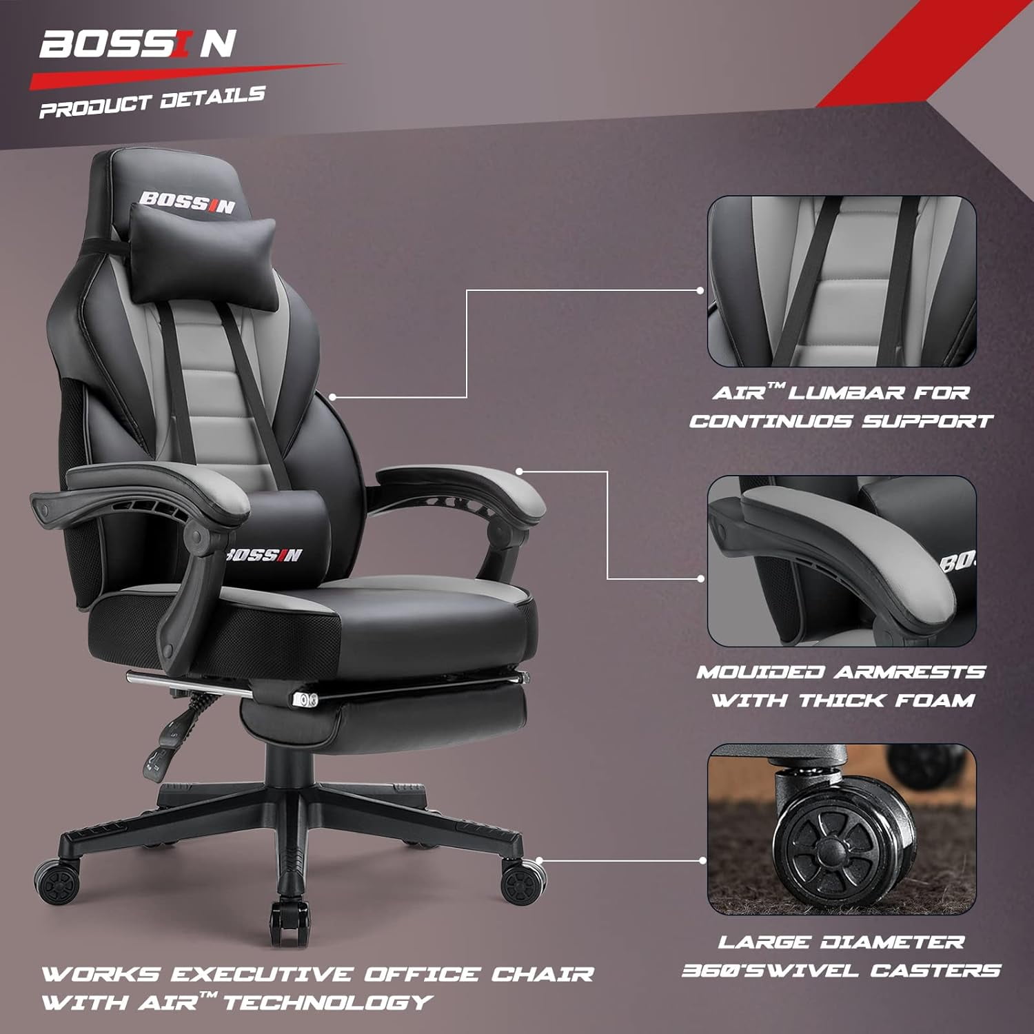 Waleaf Gaming Chair with Footrest, Ergonomic Gamer Chair for Adult with Lumbar Massage