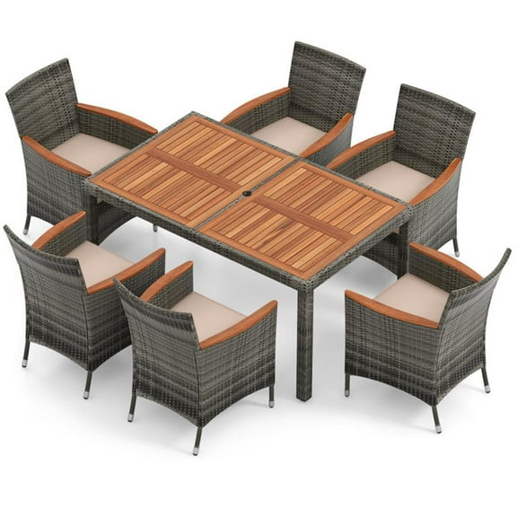 YYAo Outdoor Eating Sets,Patio Dining Furniture,7 Pieces Patio Acacia Wood Cushioned PE Rattan Wicker Dining Set