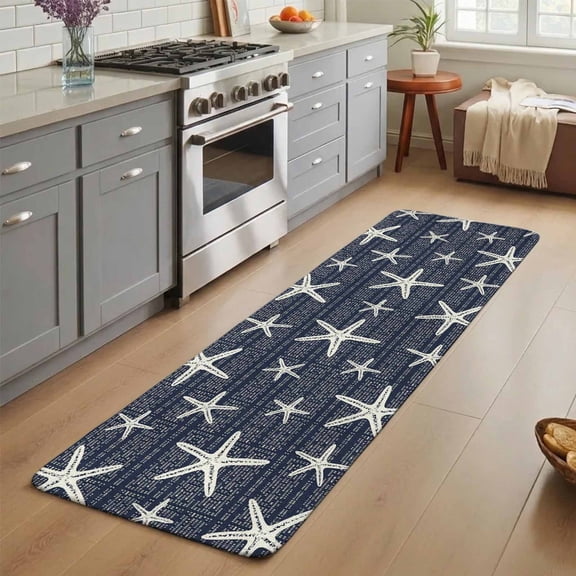 Navy Blue Starfish Washable Runner Rug 2X5 ft Coastal Summer Beach Nautical Sea Ocean Non-Slip Hallway Runner Rug, Linen Kitchen Runner Mats, Indoor Floor Carpet for Entryway Bathroom Bedroom