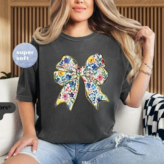 Sam Soft Flower Bow Shirt, Cute Floral Spring Top, Coquette Style Tee, Gift for Mom, Wildflower Botanical Shirt
