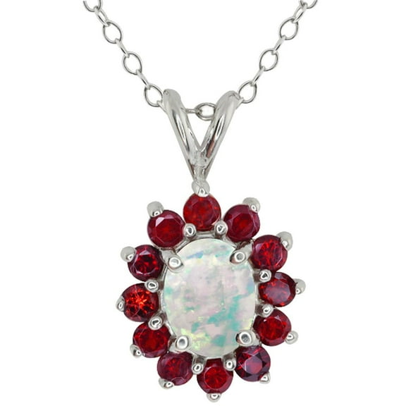 Gem Stone King 14k White Gold White Simulated Opal and Red Rhodolite Garnet Pendant Necklace for Women (2.13 Cttw, Gemstone October Birthstone, Oval Cabochon 8X6MM, with 18 inch Chain)