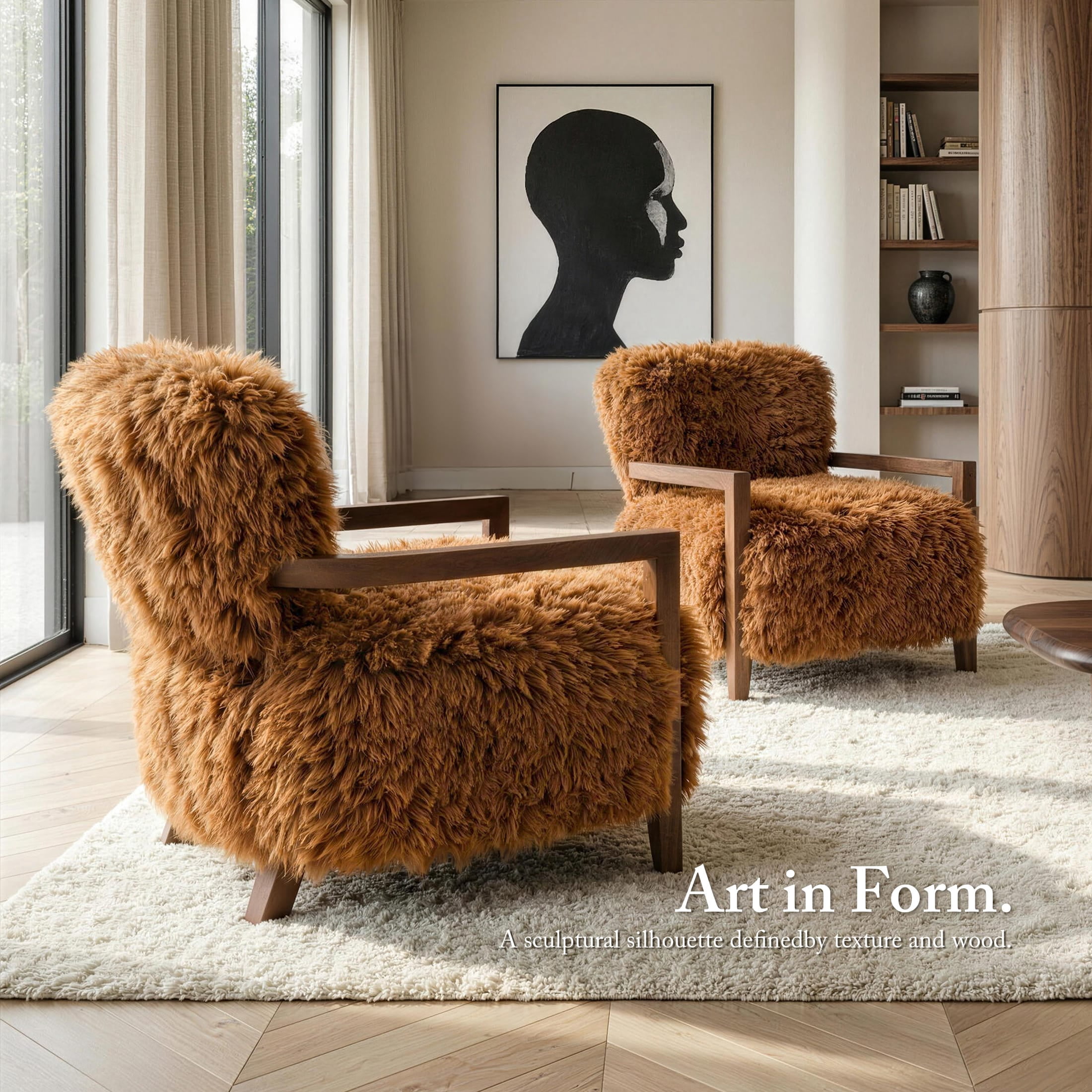 Aenkyo Yeti Contemporary Faux Fur Accent Chair with Walnut Wood Arms, Orange