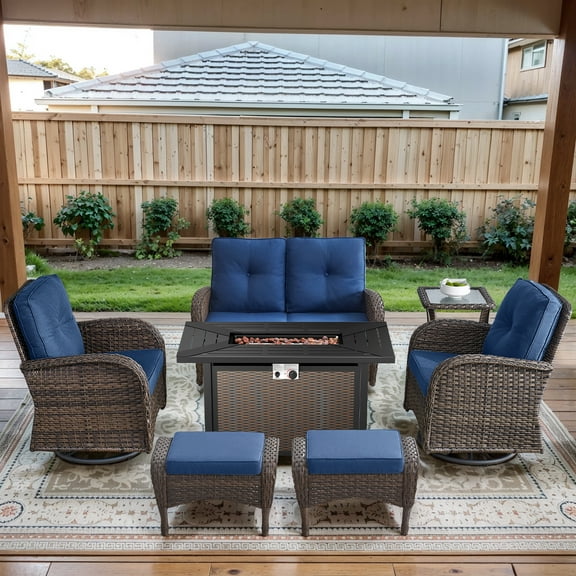 OPOHORO 7 - Pieces Patio Furniture Set with 43" Rectangular Fire Pit Table, Outdoor Conversation Sets with Swivel Rocking Chairs, Gliding Loveseat and Ottomans, for Garden Lawn Balcony, Blue Cushion
