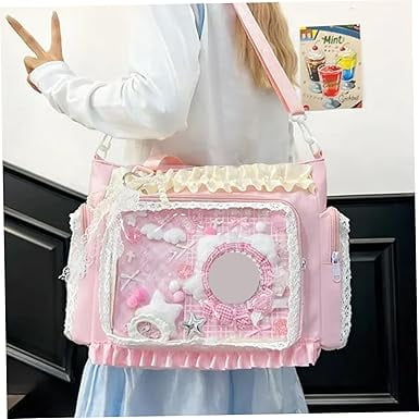 Kawaii Ita Bag with Clear Display Windows - Japanese Lace Ruffle Nylon Messenger Bag, Adjustable Strap, Y2K Cute Handbag for Pins, Badges & Accessories(XX-Pink)