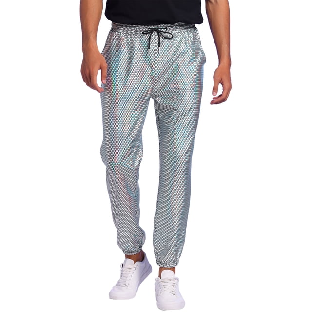 INSPIRE CHIC Metallic Pants for Men's Drawstring Waist Shiny Sequin Joggers 28 Silver