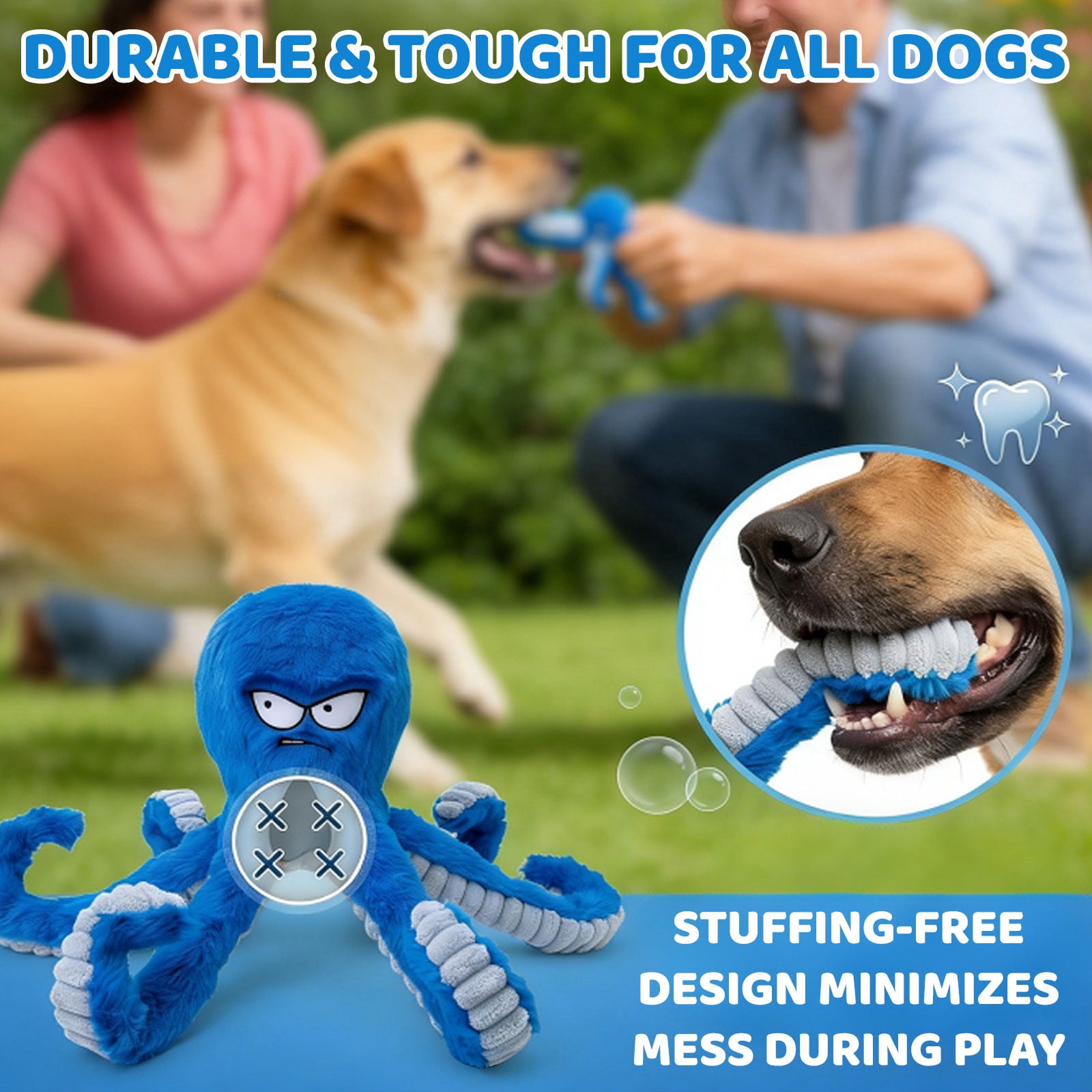 Tough Dog Toys, Stuffed Chew Large Dog Toys to Keep Them Busy, Interactive Squeaky Tug of War Doggie Toy, Crinkle Blue Octopus