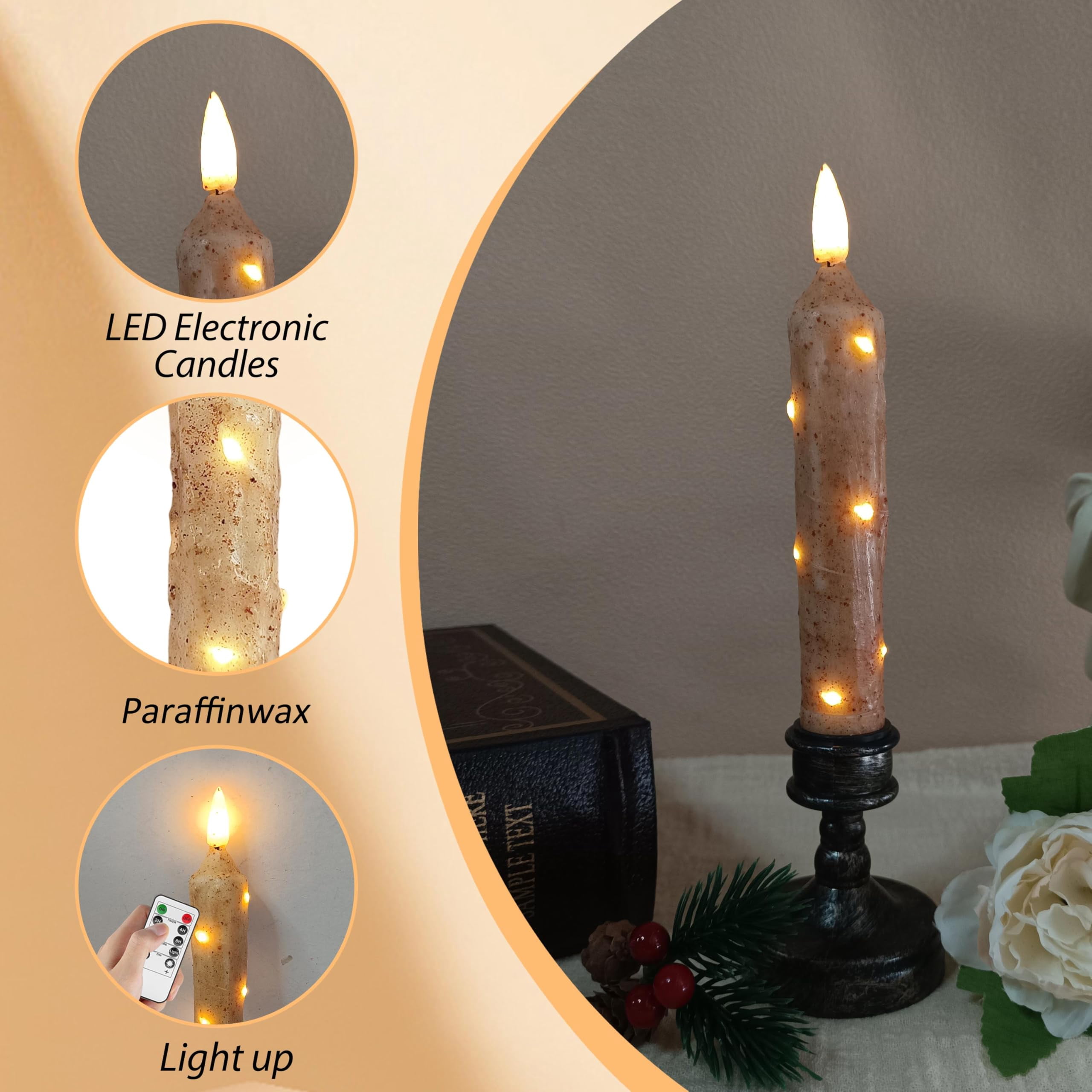 FCMSHAMD 6.5 Inches Primitive Real Wax LED Short Flameless Candles Hand Dipped Battery Operated Taper Candle with Timer Remote for Vintage Rustic Home Decor