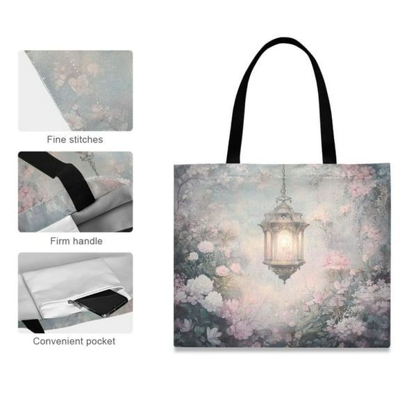 Canvas Tote Bag for Women Girls Design Print Lantern in Floral Garden Tote