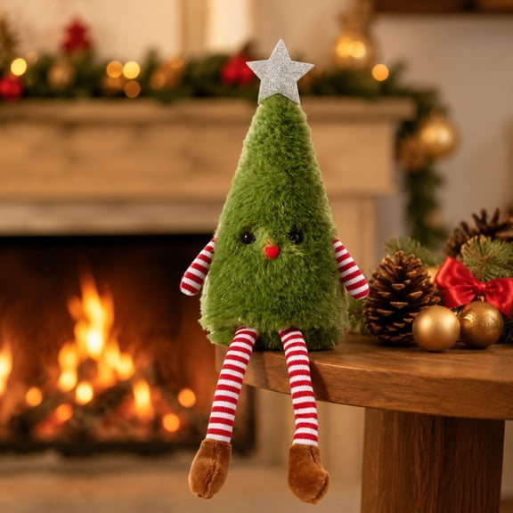 Plush Christmas Tree Figurine, Green Finish, Soft Dangling Legs Tabletop Ornament for Mantel, Shelf, Desk or Holiday Gift